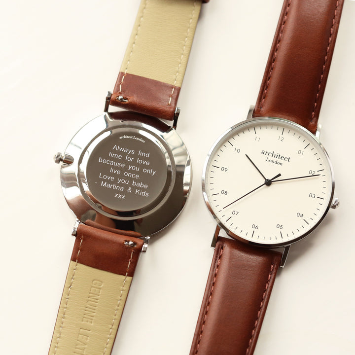 Personalised Architect Zephyr Watch - Walnut Strap, Modern Engraving Custom Gift