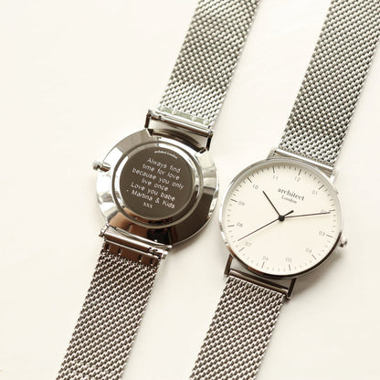 Personalised Architect Zephyr Watch - Steel Silver Mesh, Modern Engraving Gift