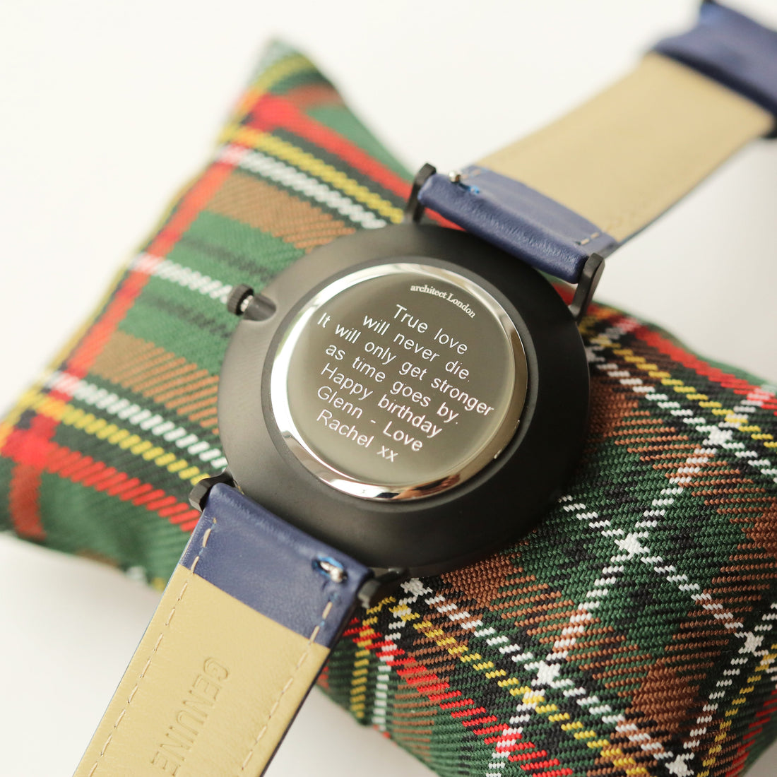 Personalised minimalist watch with admiral blue strap