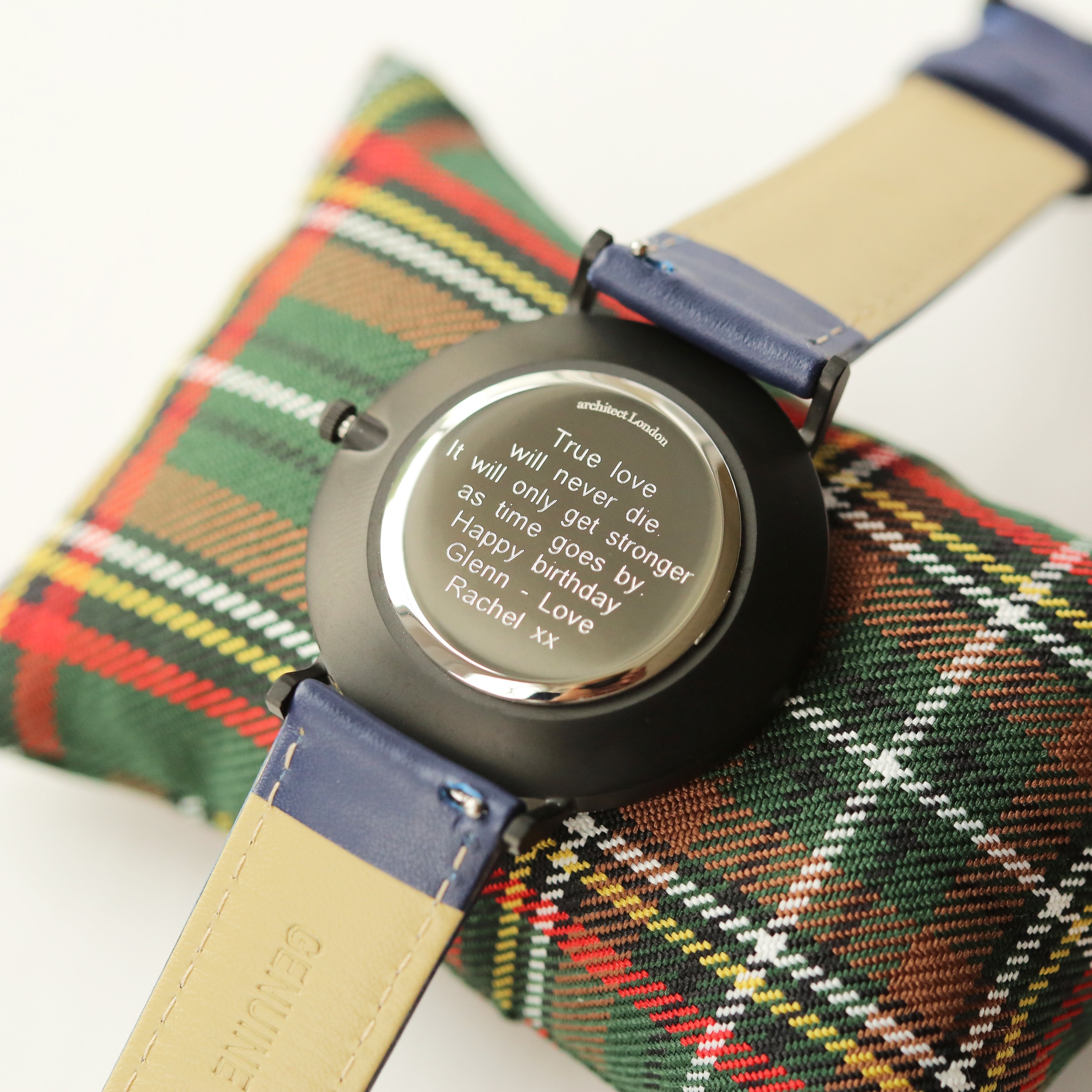 Personalised minimalist watch with admiral blue strap