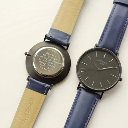 Personalised Minimalist Watch – Admiral Blue Strap, Modern Engraving | Custom Engraved Gift