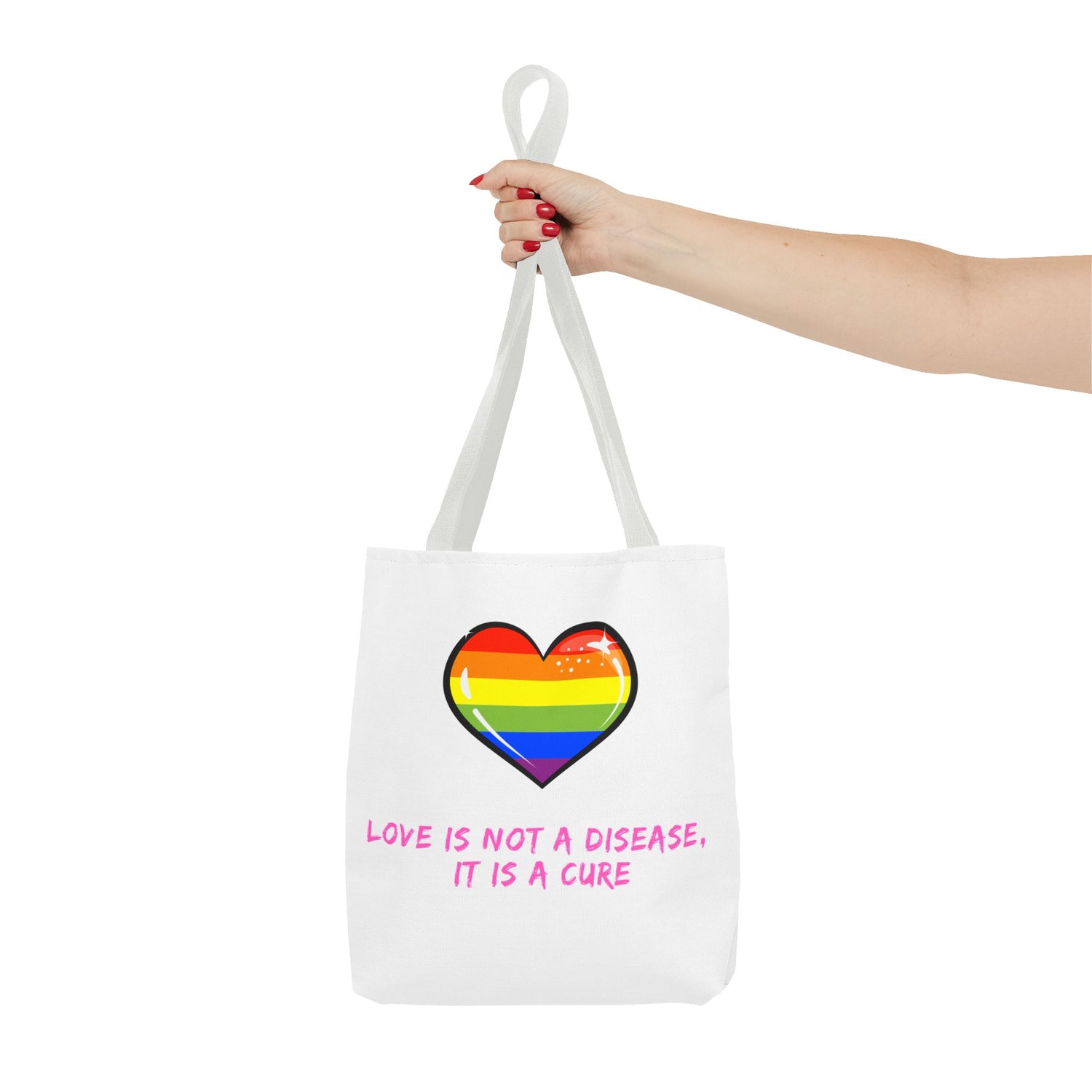 Rainbow Heart Pride Tote Bag – “Love Is Not a Disease, It Is a Cure”, Durable Polyester, Multiple Sizes | Inclusive LGBTQIA+ Accessory | Voce Lindx