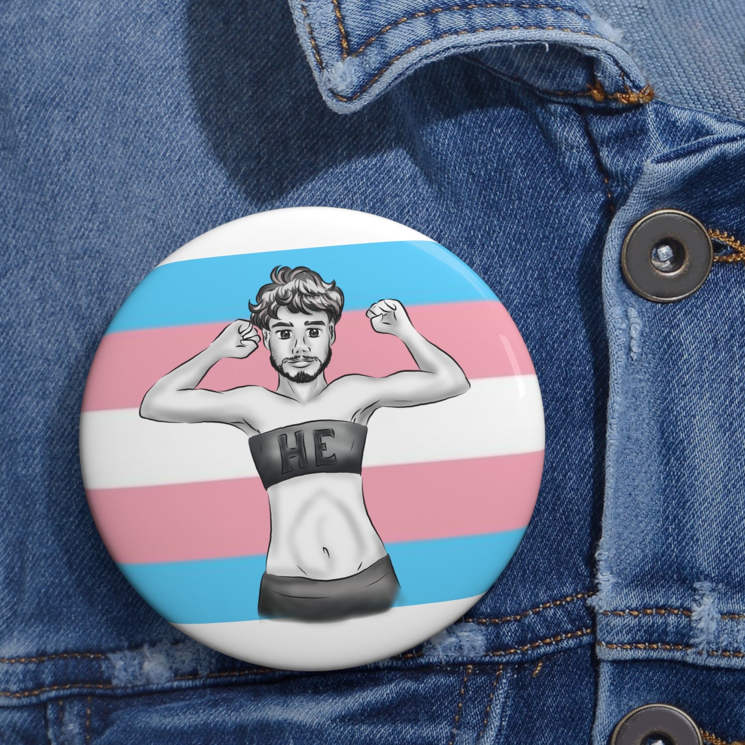 HE Pronoun Trans Pride Pin Button – Gender-Free, Transmasculine Art, Glossy Metal, Multiple Sizes | Voce Lindx