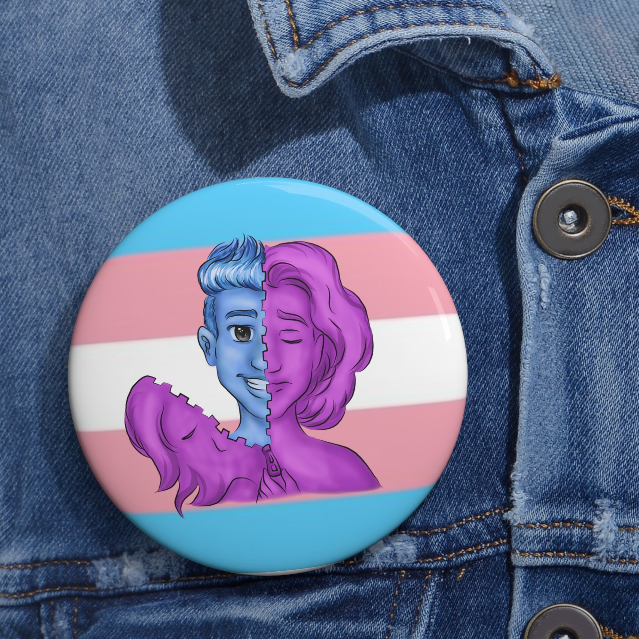 FTM Trans Pride Pin Button – Gender-Free, Transgender Flag Art, Glossy Metal, Multiple Sizes | Voce Lindx