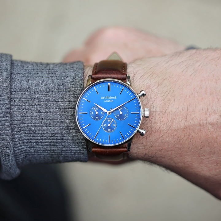 Personalised Architect Motivator Chronograph Watch – Blue Dial, Own Handwriting Engraving