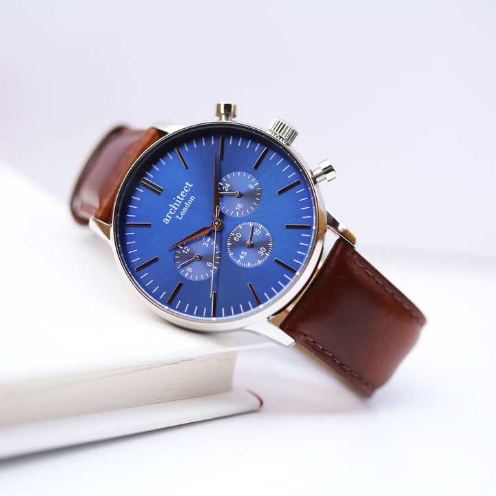 Personalised Architect Motivator Chronograph Watch – Blue Dial, Own Handwriting Engraving