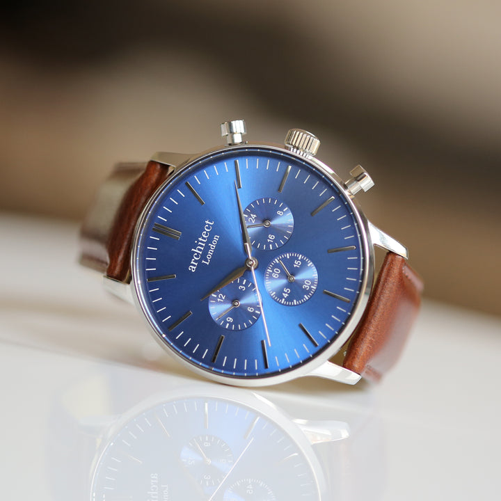 Personalised Architect Motivator Chronograph Watch – Walnut Strap, Modern Engraving