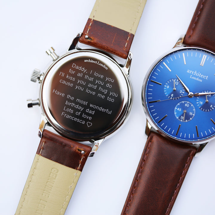 Personalised Architect Motivator Chronograph Watch - Walnut Strap, Modern Engraving