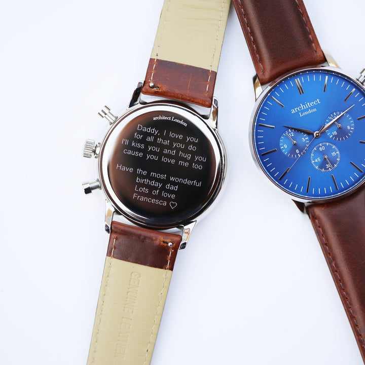 Personalised Architect Motivator Chronograph Watch – Walnut Strap, Modern Engraving