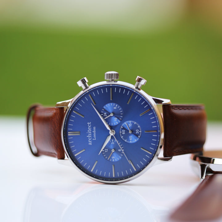 Personalised Architect Motivator Chronograph Watch – Walnut Strap, Modern Engraving