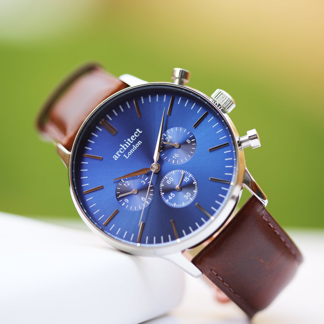 Personalised Architect Motivator chronograph watch with walnut leather strap