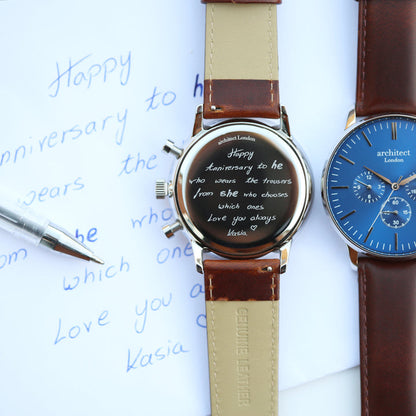 Personalised Architect Motivator Chronograph Watch – Blue Dial, Own Handwriting Engraving