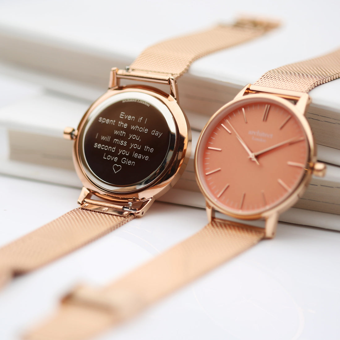 Personalised Architect Coral watch with rose gold mesh strap