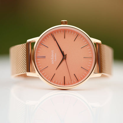 Personalised Architect Coral Watch – Rose Gold Mesh, Modern Engraving | Engraved Gift