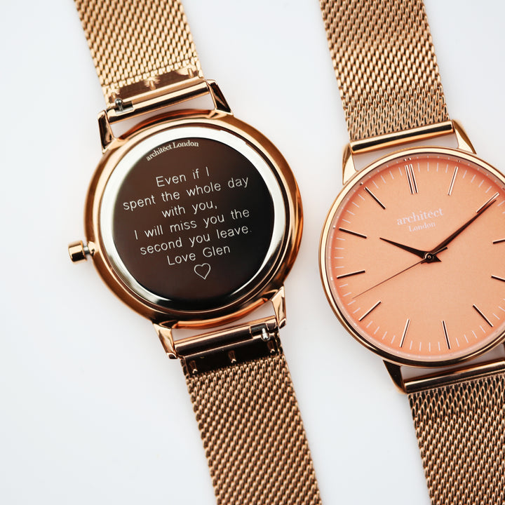 Personalised Architect Coral Watch - Rose Gold Mesh, Modern Engraving Keepsake
