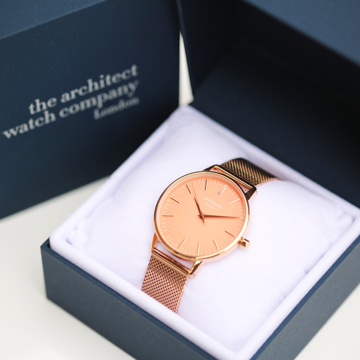 Personalised Architect Coral Watch – Rose Gold Mesh, Modern Engraving | Engraved Gift