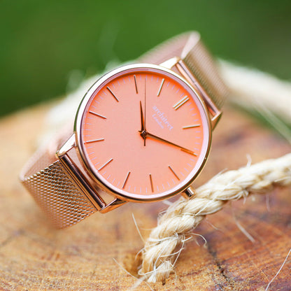 Personalised Architect Coral Watch – Rose Gold Mesh, Modern Engraving | Engraved Gift