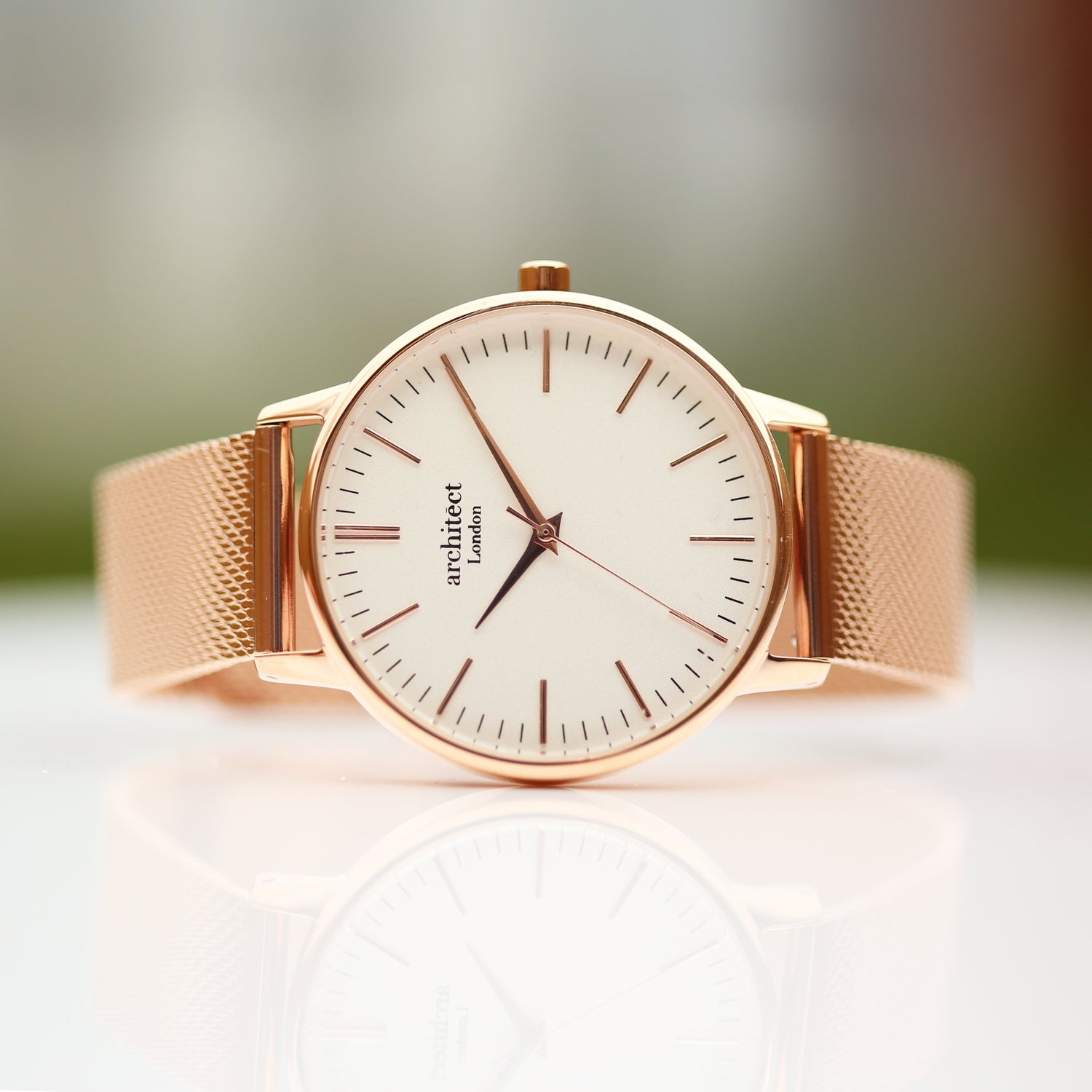 Personalised Architect Blanc watch with rose gold mesh strap