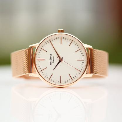 Personalised Architect Blanc Watch - Rose Gold Mesh Strap, Custom Engraving Keepsake