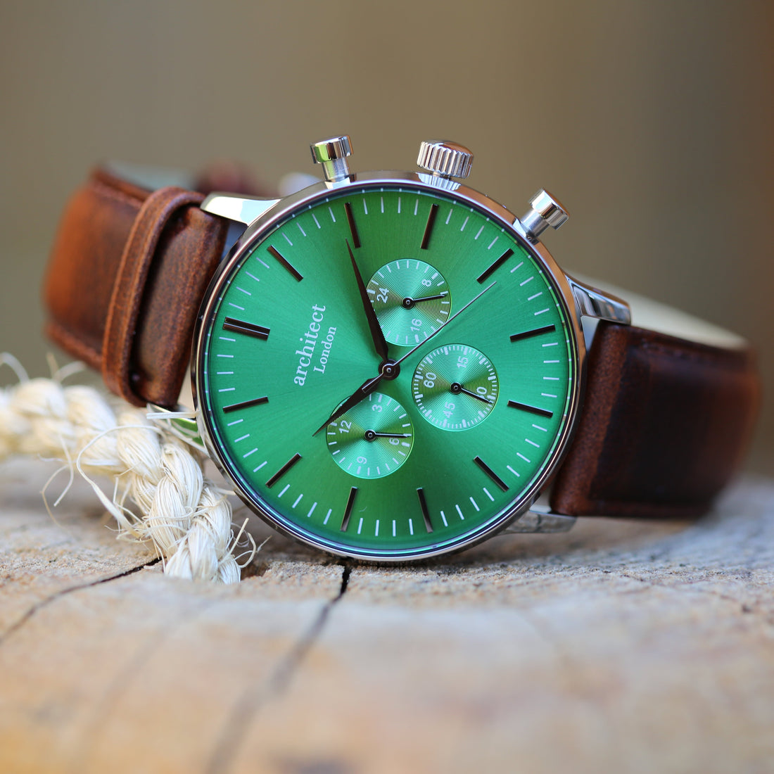 Personalised Architect Motivator watch in envy green with walnut strap