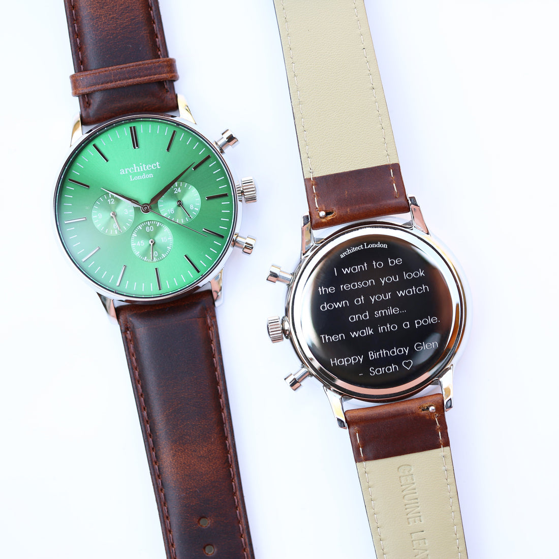 Personalised Architect Motivator Watch - Envy Green, Walnut Strap, Modern Engraving