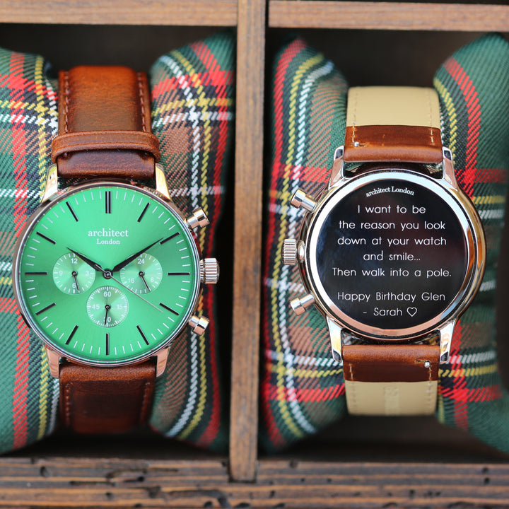 Personalised Architect Motivator Watch – Envy Green, Walnut Strap, Modern Engraving