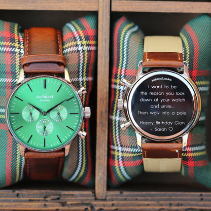 Personalised Architect Motivator Watch – Envy Green, Walnut Strap, Modern Engraving