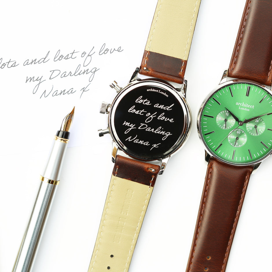 Personalised Architect Motivator Watch - Envy Green Face, Walnut Strap, Modern Engraving