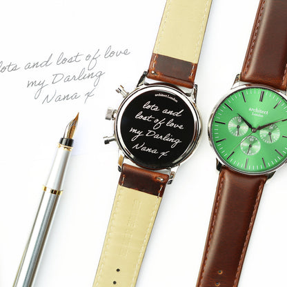 Personalised Architect Motivator Watch - Envy Green Face, Walnut Strap, Modern Engraving