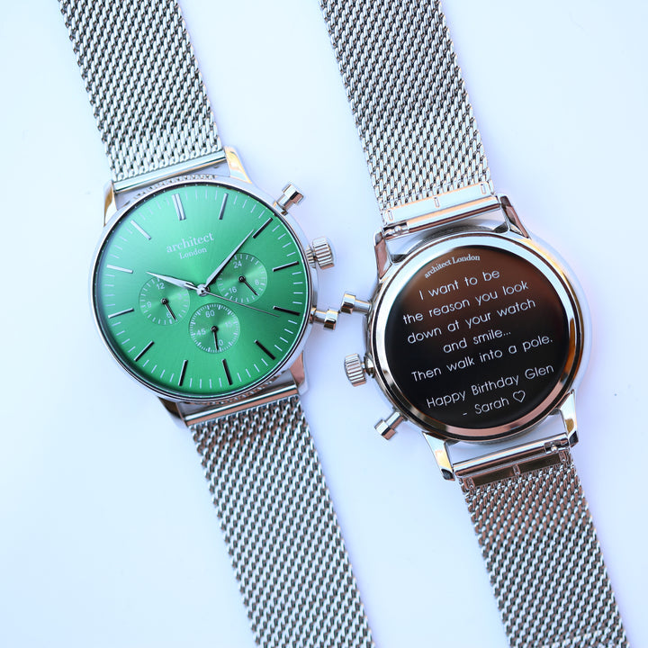 Personalised Architect Motivator Watch - Envy Green, Silver Mesh, Modern Engraving
