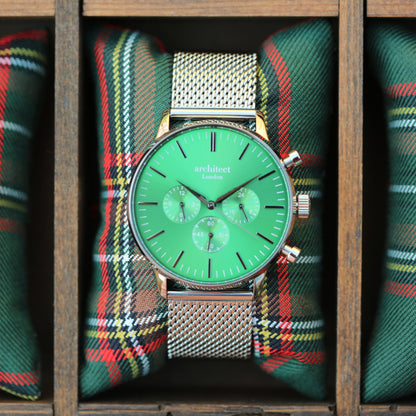 Personalised Architect Motivator watch in envy green with silver mesh strap