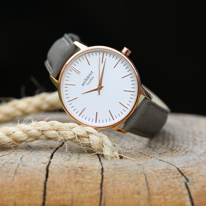 Personalised Architect Blanc Watch – Light Grey Strap, Modern Engraving | Engraved Gift