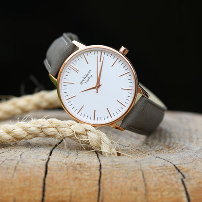 Personalised Architect Blanc Watch – Light Grey Strap, Modern Engraving | Engraved Gift
