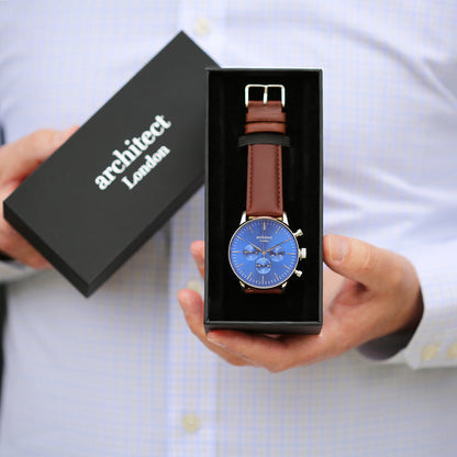 Personalised Architect Motivator Chronograph Watch – Walnut Strap, Modern Engraving