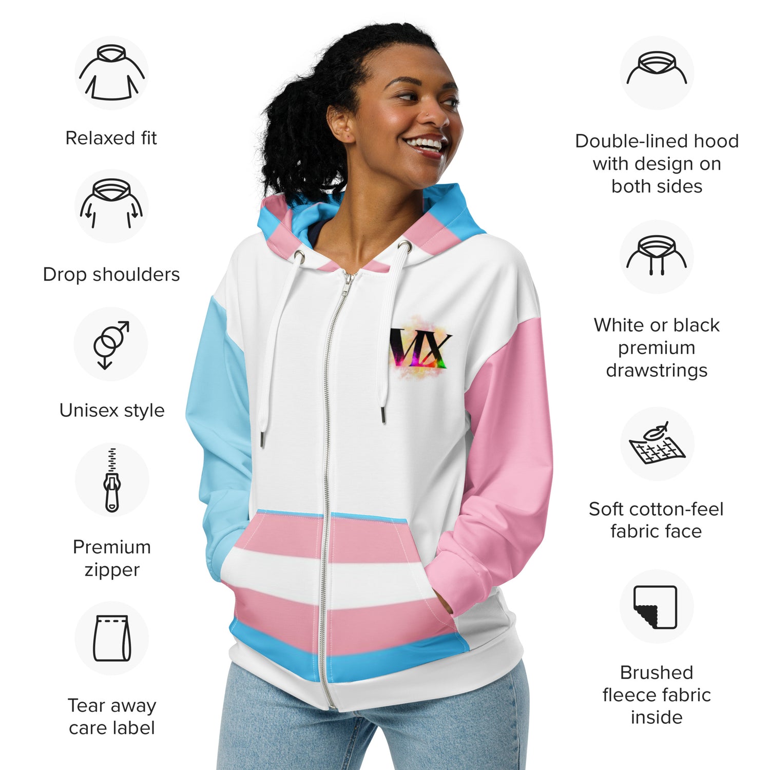 Transgender Flag Zip Hoodie – Soft Fleece, Metal Zip &amp; Front Pockets | Inclusive Pride Wear by Voce Lindx