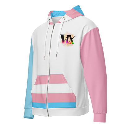 Transgender Flag Zip Hoodie – Soft Fleece, Metal Zip &amp; Front Pockets | Inclusive Pride Wear by Voce Lindx