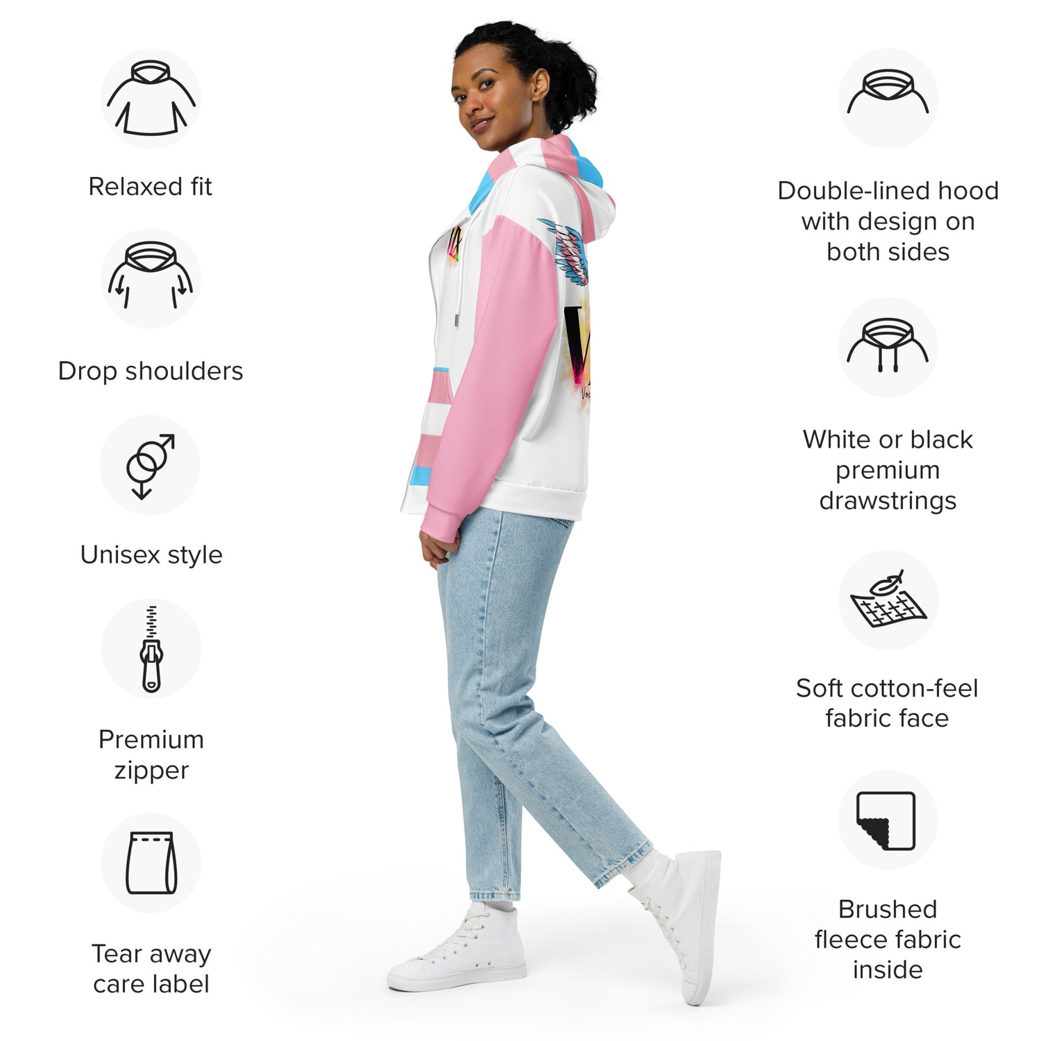 Transgender Flag Zip Hoodie – Soft Fleece, Metal Zip &amp; Front Pockets | Inclusive Pride Wear by Voce Lindx