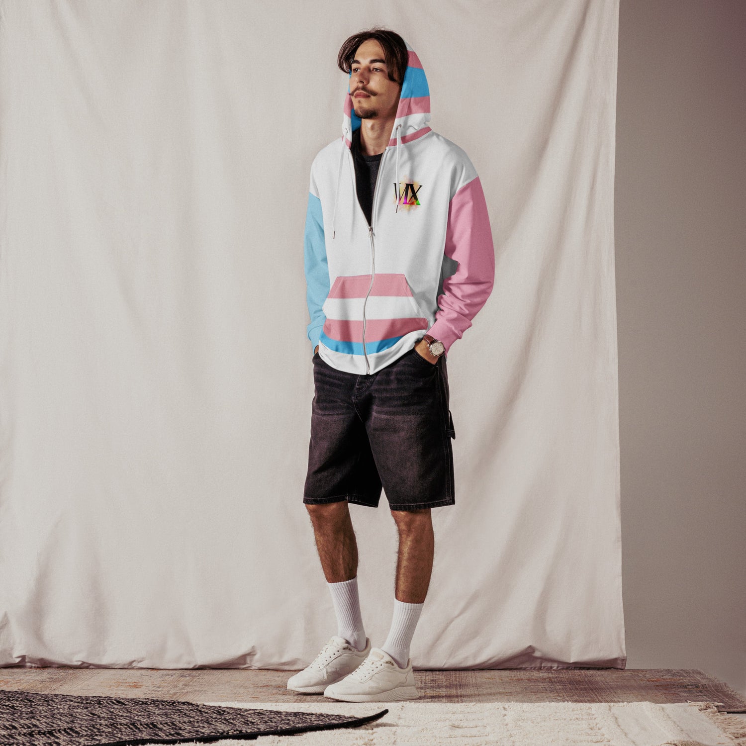 Transgender Flag Zip Hoodie – Soft Fleece, Metal Zip &amp; Front Pockets | Inclusive Pride Wear by Voce Lindx