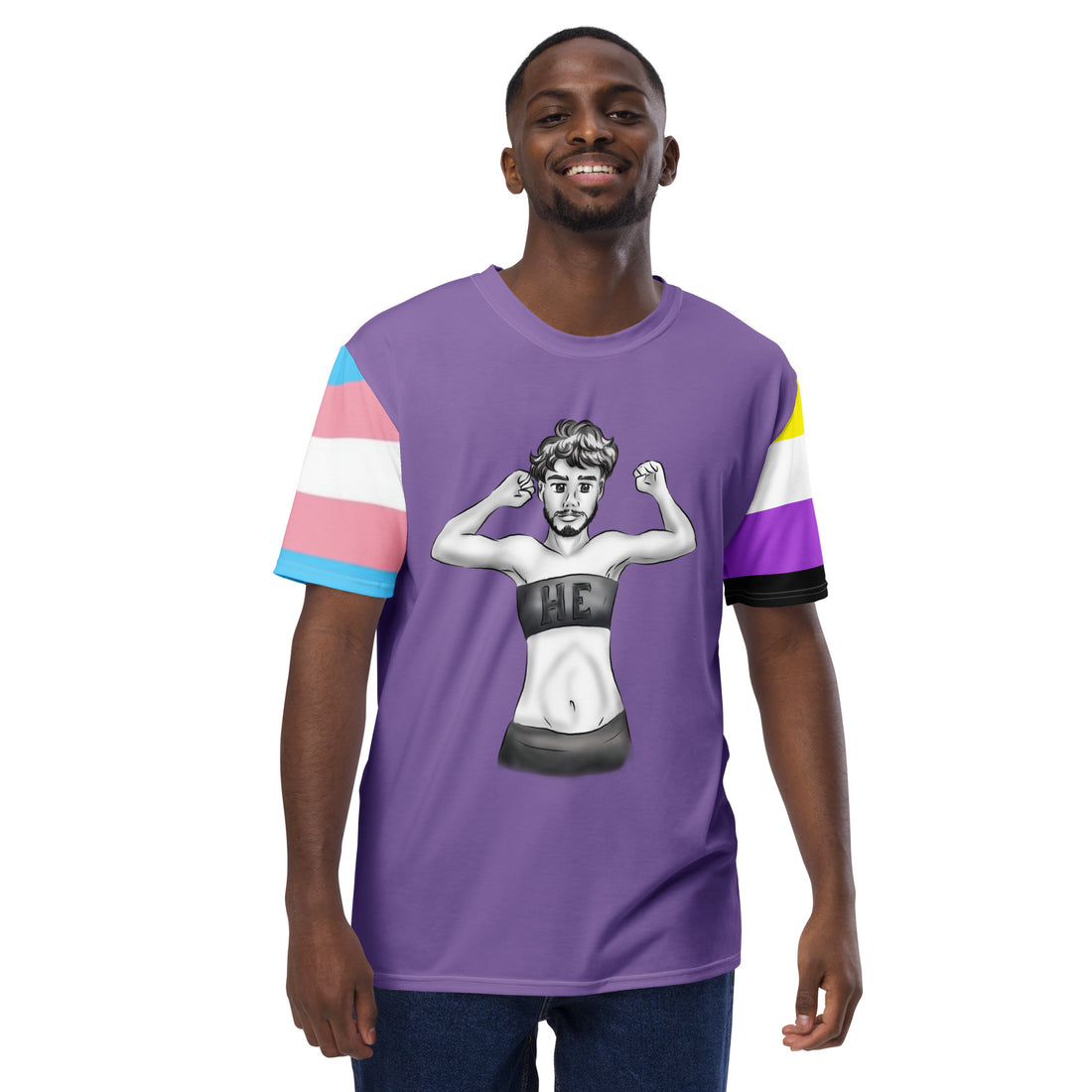 HE Gender-Free Pride Tee - Trans &amp; Nonbinary Flag Sleeves, Inclusive LGBTQIA+ Fashion