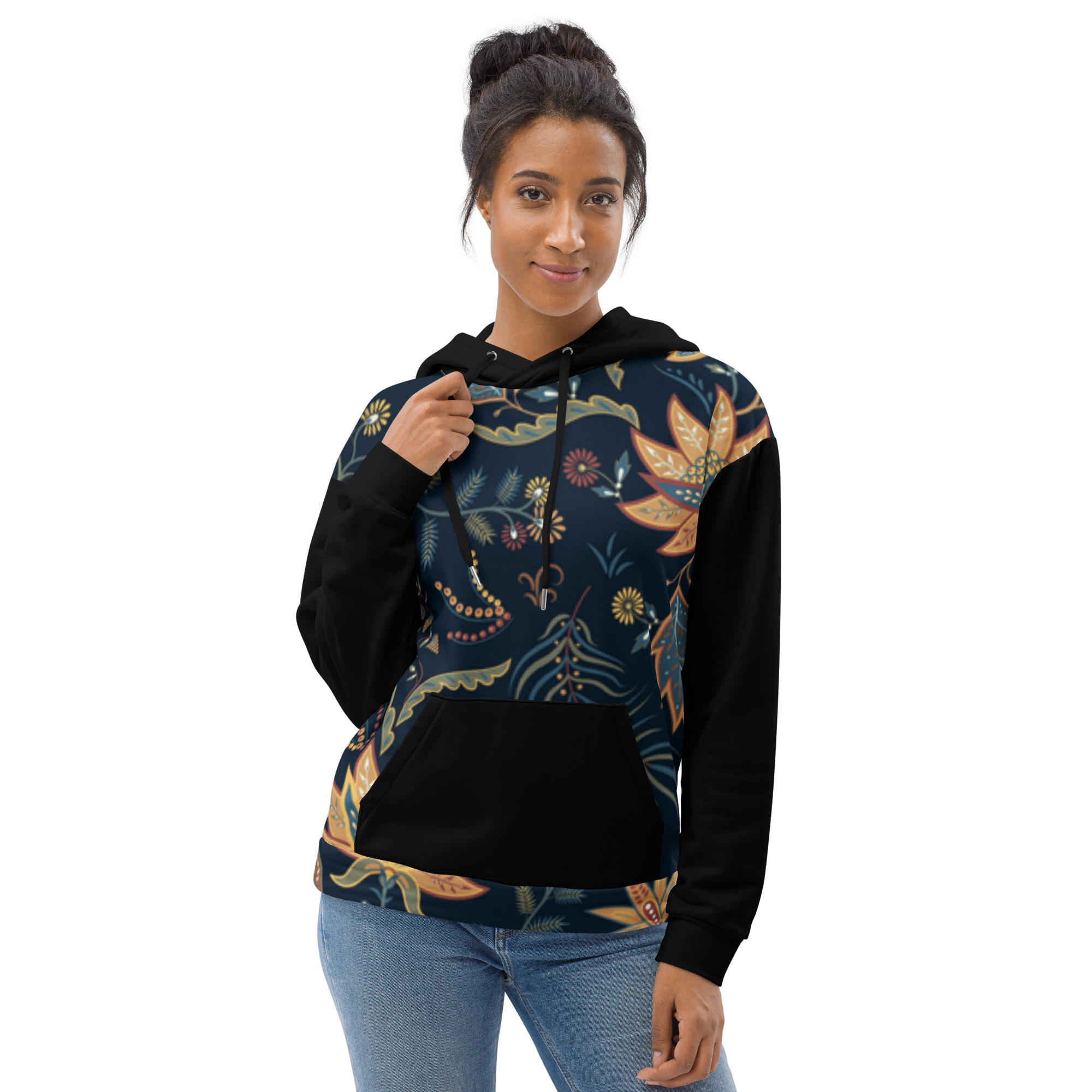 Blue Floral Hoodie with “He” Statement – Soft &amp; Empowering | Comfortable Fit