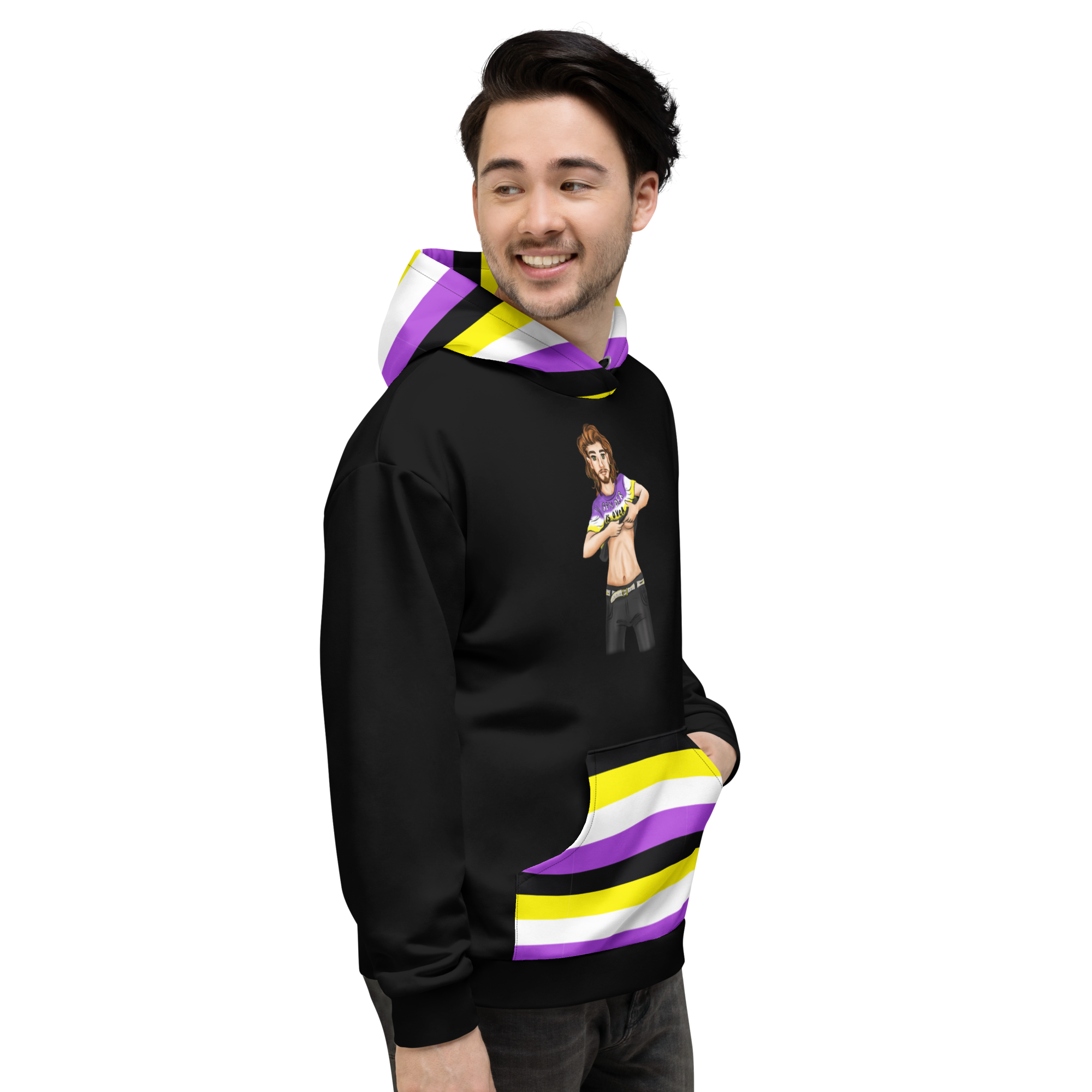 “Gender Is Over” Non-Binary Pride Hoodie – Purple, Yellow, White &amp; Black | Inclusive Statement Style