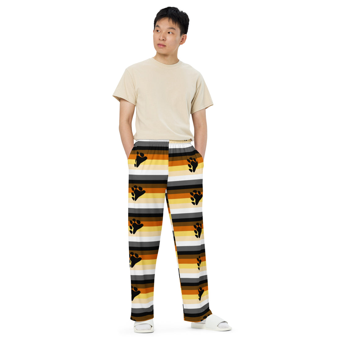 Bear Identity Wide-Leg Trousers – All-Over Flag Print | All-Gender Palazzo Pants