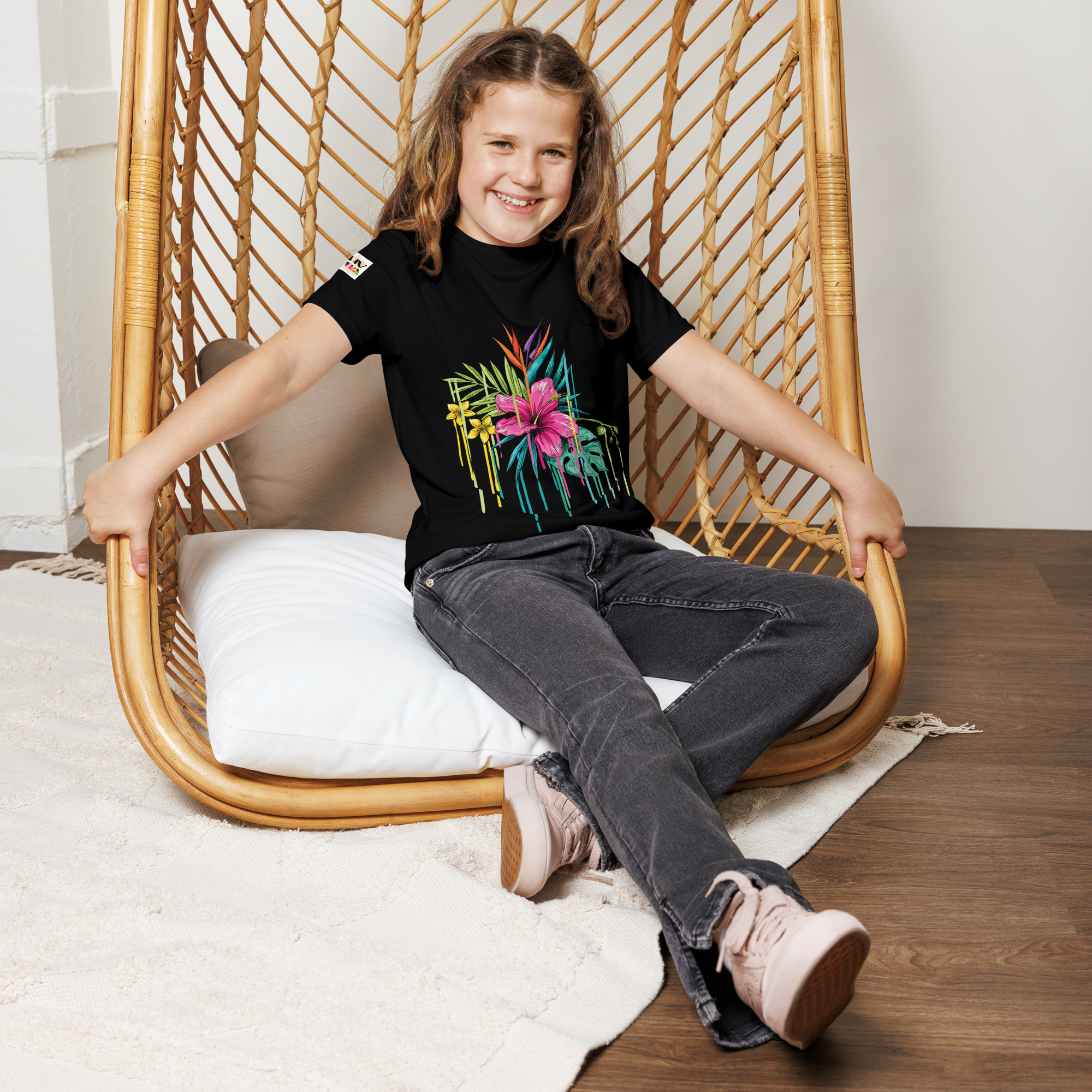 Black Youth Crew Neck T-Shirt – Pink Flower Graphic | 100% Cotton Kids Tee by Voce Lindx