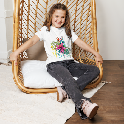 Youth Crew Neck T-Shirt – Pink Flower Graphic | White Cotton Tee for Kids | Voce Lindx