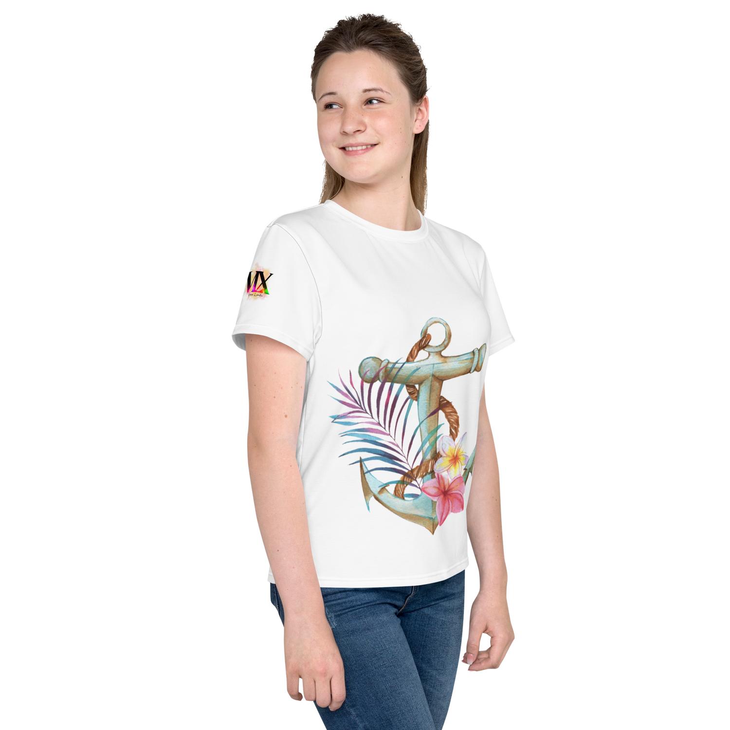 Youth Crew Neck T-Shirt – Nautical Anchor Graphic | Soft White Cotton Tee for Kids | Voce Lindx