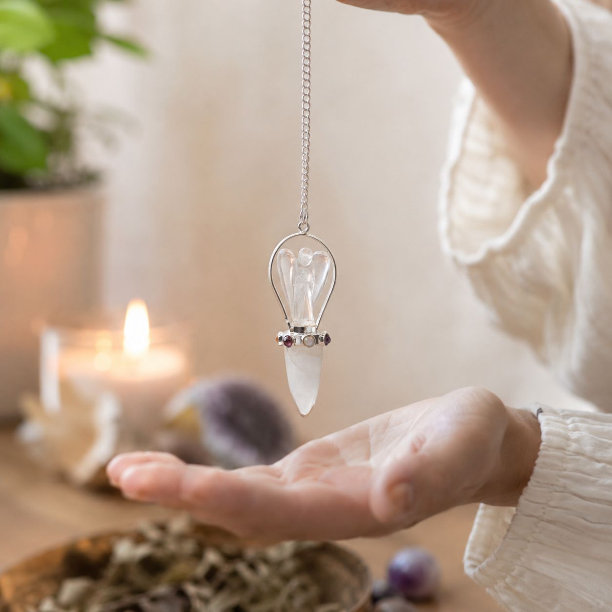 Celestial Guide Clear Quartz Angel Pendulum with Chakra Band