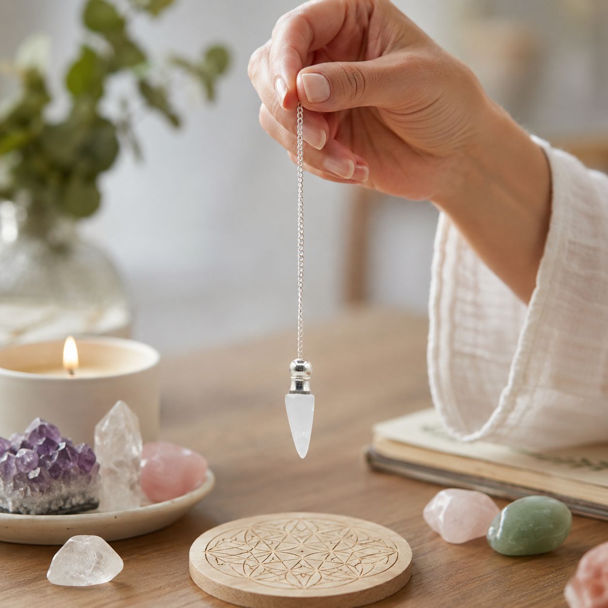 Secret Cavity Clear Quartz Pendulum, Silver Plated