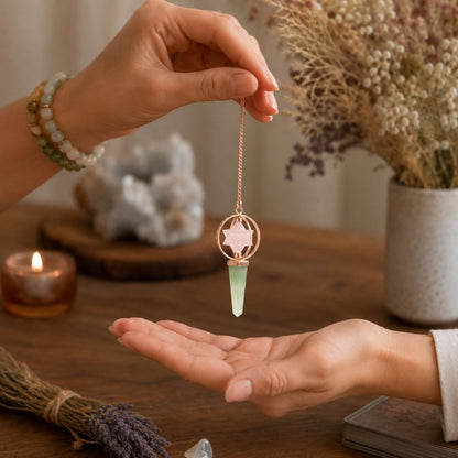 Heart Compass Rose Quartz &amp; Green Aventurine Merkaba Pendulum
