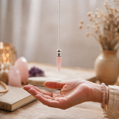 Secret Cavity Rose Quartz Pendulum, Silver Plated