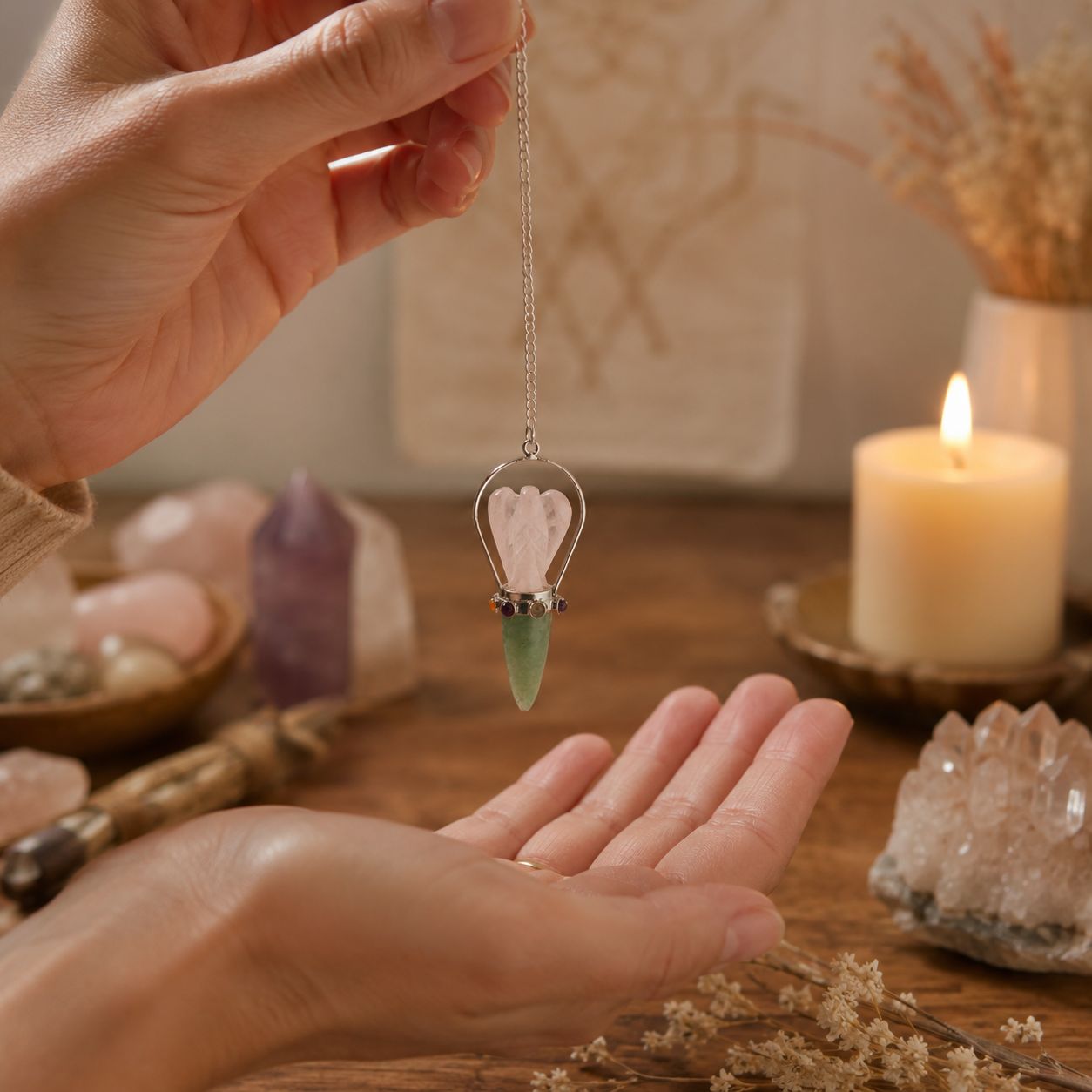 Heart Oracle Rose Quartz &amp; Green Aventurine Angel Pendulum